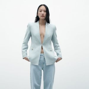 NWT Zara Textured Houndstooth Jacket, Blue/Ecru, Small